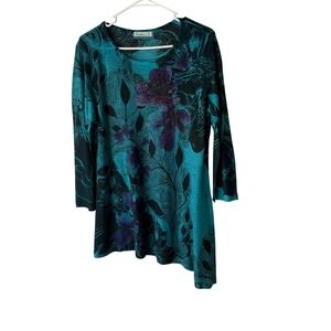 Cactus Teal Floral Rhinestone Detail Long Sleeve Asymmetrical Top Boho Artsy L